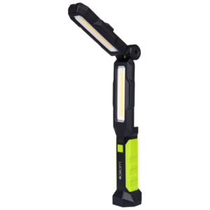 Portable dual-panel LED work light with foldable head, black body and lime-green accents.