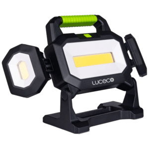 Portable dual-head LED work light on a black stand with a lime-green handle, Luceco branding, for on-site lighting