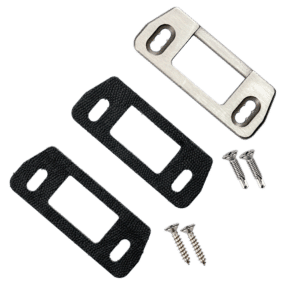 Hardware kit with a metal rectangular buckle, three black fabric mounting plates featuring central cutouts, and four small screws for assembly. Intended for securing straps or cables to a surface.