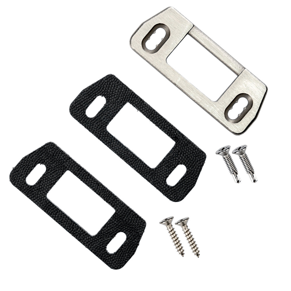 L38382_1 - Ironmongery Warehouse Hardware kit with a metal rectangular buckle, three black fabric mounting plates featuring central cutouts, and four small screws for assembly. Intended for securing straps or cables to a surface.