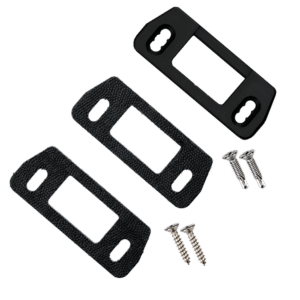 Set of three black plastic mounting brackets with rectangular openings and two mounting holes, plus four screws