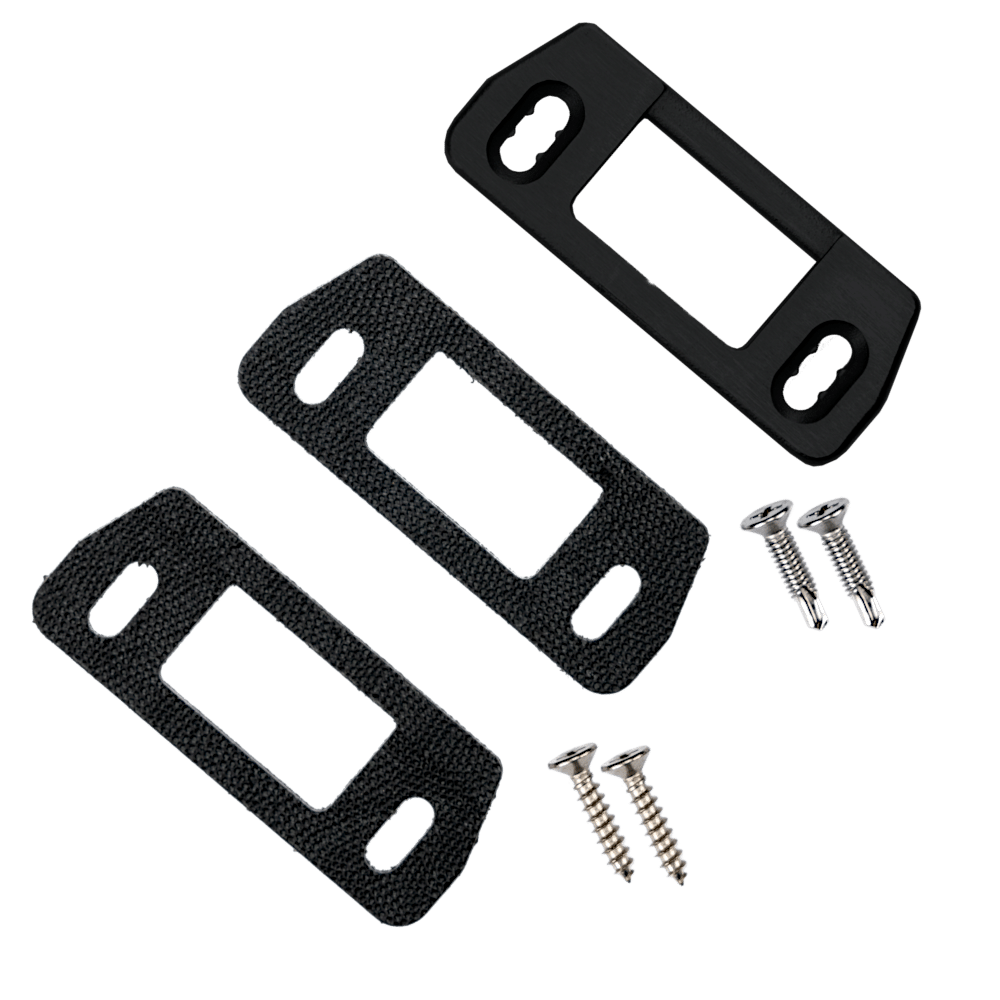 L38383_1 - Ironmongery Warehouse Set of three black plastic mounting brackets with rectangular openings and two mounting holes, plus four screws