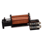 Copper solenoid coil with orange winding mounted on a black plastic frame and metal terminal blocks on the right-hand side