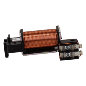 Copper solenoid coil with orange winding mounted on a black plastic frame and metal terminal blocks on the right-hand side