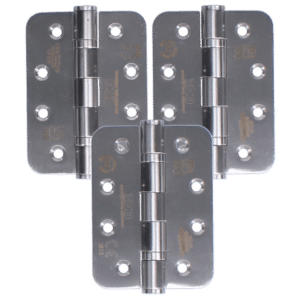 Three heavy-duty metal door hinges connected by pins, each with multiple mounting screw holes.