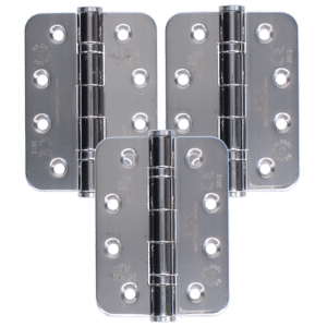 Three shiny stainless steel door hinges arranged in a cross pattern, showing multiple screw holes and central pins.
