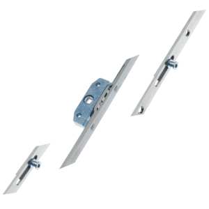 Exploded view of metal door latch hardware with strike plates and screws