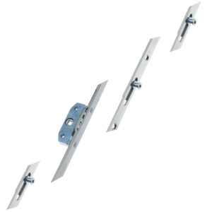 Exploded view of metal door lock hardware: strike plates and latch assemblies arranged diagonally.