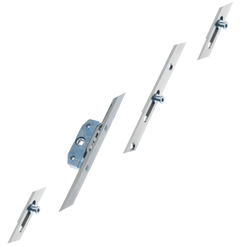 L38481_1 - Ironmongery Warehouse Exploded view of metal door lock hardware: strike plates and latch assemblies arranged diagonally.