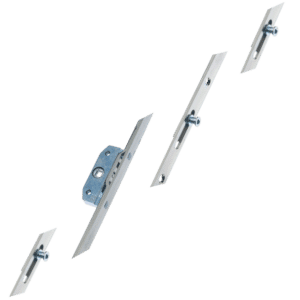 Exploded view of a door latch and strike plates along a diagonal, showing a mortise lock assembly separated into components