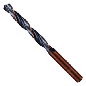 Twist drill bit with blue-grey flutes and brown handle, angled diagonally across the image (industrial tool)