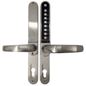 Door lever handle set with a keypad lock on the right plate for code entry on a double door system