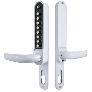 Electronic keypad door lock with lever handles, shown from both sides on vertical backplates.