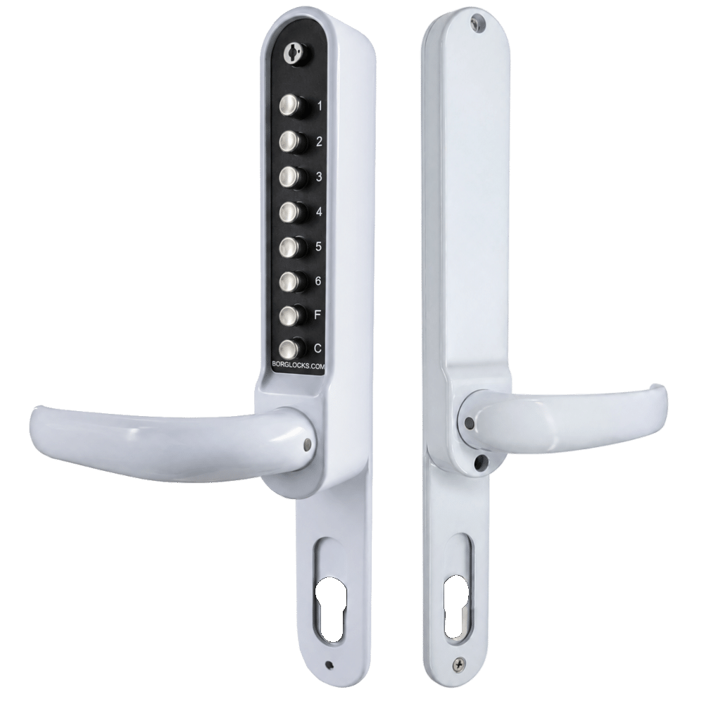 L38582_1 - Ironmongery Warehouse Electronic keypad door lock with lever handles, shown from both sides on vertical backplates.