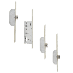 Set of metal door lock mechanisms with strike plates and latch components arranged in a row