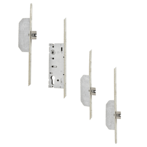 Set of metal door lock mechanisms with strike plates and latch components arranged in a row