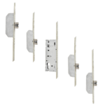 Exploded view of a mortise door lock showing front plates, latch hardware, and the central mechanism laid out in sequence