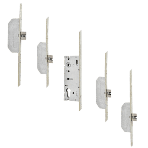 Exploded view of a mortise door lock showing front plates, latch hardware, and the central mechanism laid out in sequence