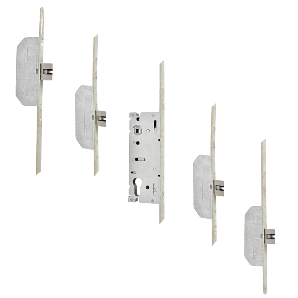 L38606_1 - Ironmongery Warehouse Exploded view of a mortise door lock showing front plates, latch hardware, and the central mechanism laid out in sequence