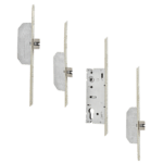 Set of door lock components: two latch assemblies and a central mortise lock body viewed edge-on from multiple angles area.