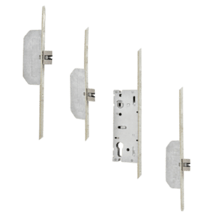 Set of door lock components: two latch assemblies and a central mortise lock body viewed edge-on from multiple angles area.