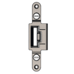 Metal door strike plate with central bolt housing and two mounting holes for securing a door frame.