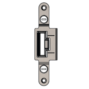 Metal door strike plate with central bolt housing and two mounting holes for securing a door frame.