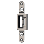 Metal door strike plate showing the latch bolt centered, with screw holes at top and bottom.