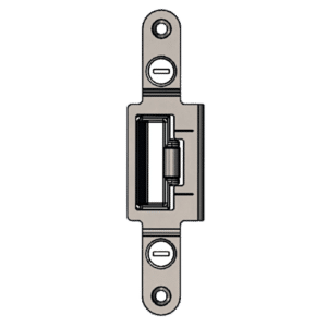 Metal door strike plate showing the latch bolt centered, with screw holes at top and bottom.