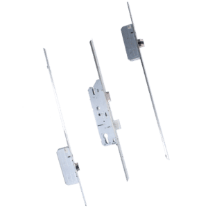 Multiple door lock mortise mechanisms with long steel strike bars on a black background, shown at angles for comparison
