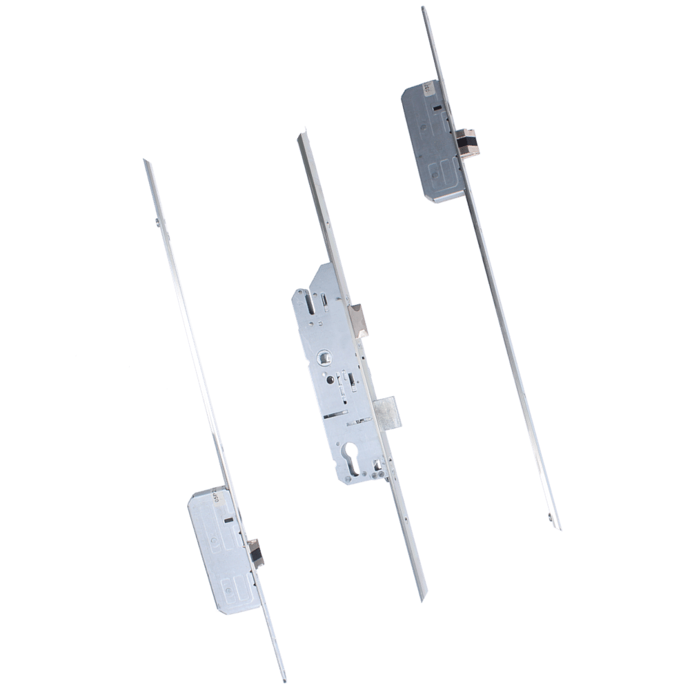 L38610_1 - Ironmongery Warehouse Multiple door lock mortise mechanisms with long steel strike bars on a black background, shown at angles for comparison