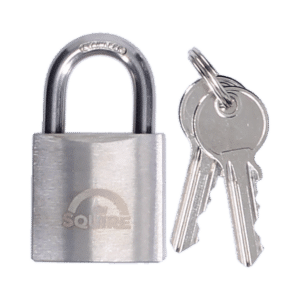 Silver padlock with a keyring and three keys beside it
