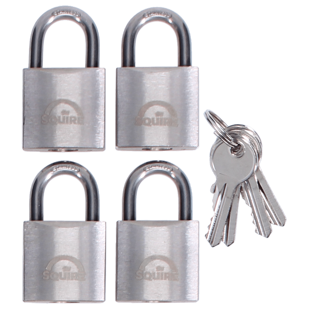 L38618_1 - Ironmongery Warehouse Four silver padlocks arranged in a square with a bunch of keys on the right side, indicating a lock-and-key security set.
