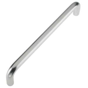 Stainless steel bathroom grab bar with rounded end caps, shown at an angle for support in slippery areas.