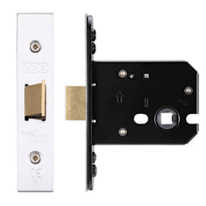 Mortise door lock: front plate with brass latch and screws, shown from front and side views to illustrate the mechanism.