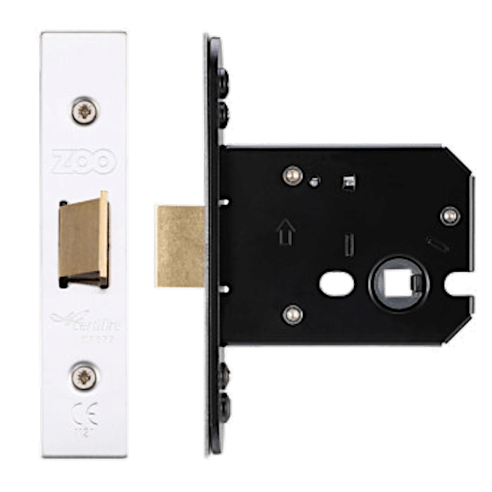 L38624_1 - Ironmongery Warehouse Mortise door lock: front plate with brass latch and screws, shown from front and side views to illustrate the mechanism.