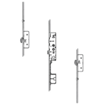 Three-view technical illustration of a door lock: left and right strike plates with spindle and a central lock body showing internal components and mounting rods
