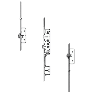 Three-view technical illustration of a door lock: left and right strike plates with spindle and a central lock body showing internal components and mounting rods