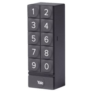 Black Yale keypad lock with 1-9 and 0 numeric buttons stacked in a vertical column