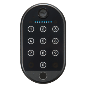 Yale smart door lock keypad with illuminated blue dots and numeric keypad on a dark rounded device