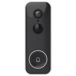 Smart doorbell with integrated camera and circular doorbell button for alerts and visitor viewing (dark gray with white trim)