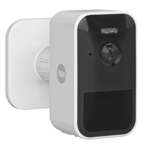 White Yale smart door lock with integrated camera and black front panel, mounted on a wall plate