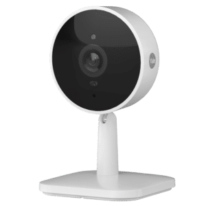 White Yale home security camera on a stand, ready for indoor monitoring and video capture