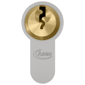 Brass circular lock cylinder embedded in a silver mounting plate with the Asec logo underneath.