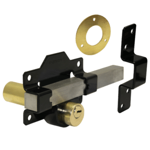 Door lock latch mechanism with brass cylinder and black mounting brackets for a door hardware kit