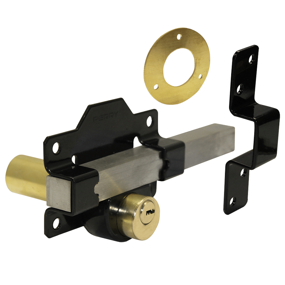 AS12654_1 - Ironmongery Warehouse Door lock latch mechanism with brass cylinder and black mounting brackets for a door hardware kit
