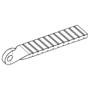 Isometric illustration of a serrated, rectangular ruler with a hole at one end.