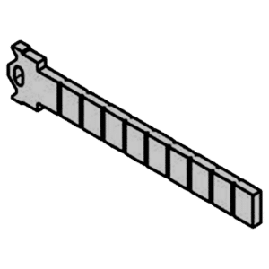 Isometric drawing of a long rectangular bar with evenly spaced block-like segments along its length, ending in a wider, decorative left end piece.