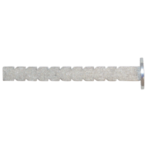 Long metal screw-like fastener with jagged, evenly spaced ridges and a flat round head at the right end