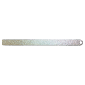 Long, flat metal shim with a round hole at one end.